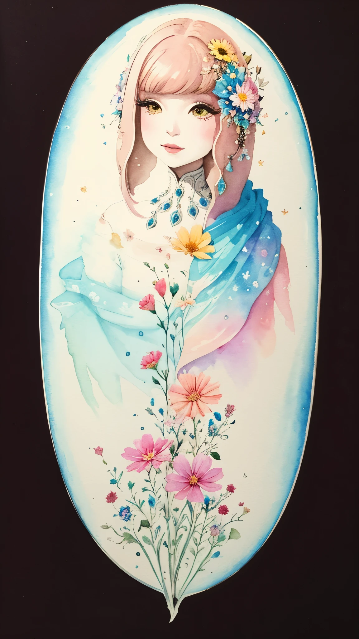 "Floral Girl from Another World" Hand drawn watercolor painting ,  Calm Tone ,  cosmos blooming everywhere 、  universe space  、