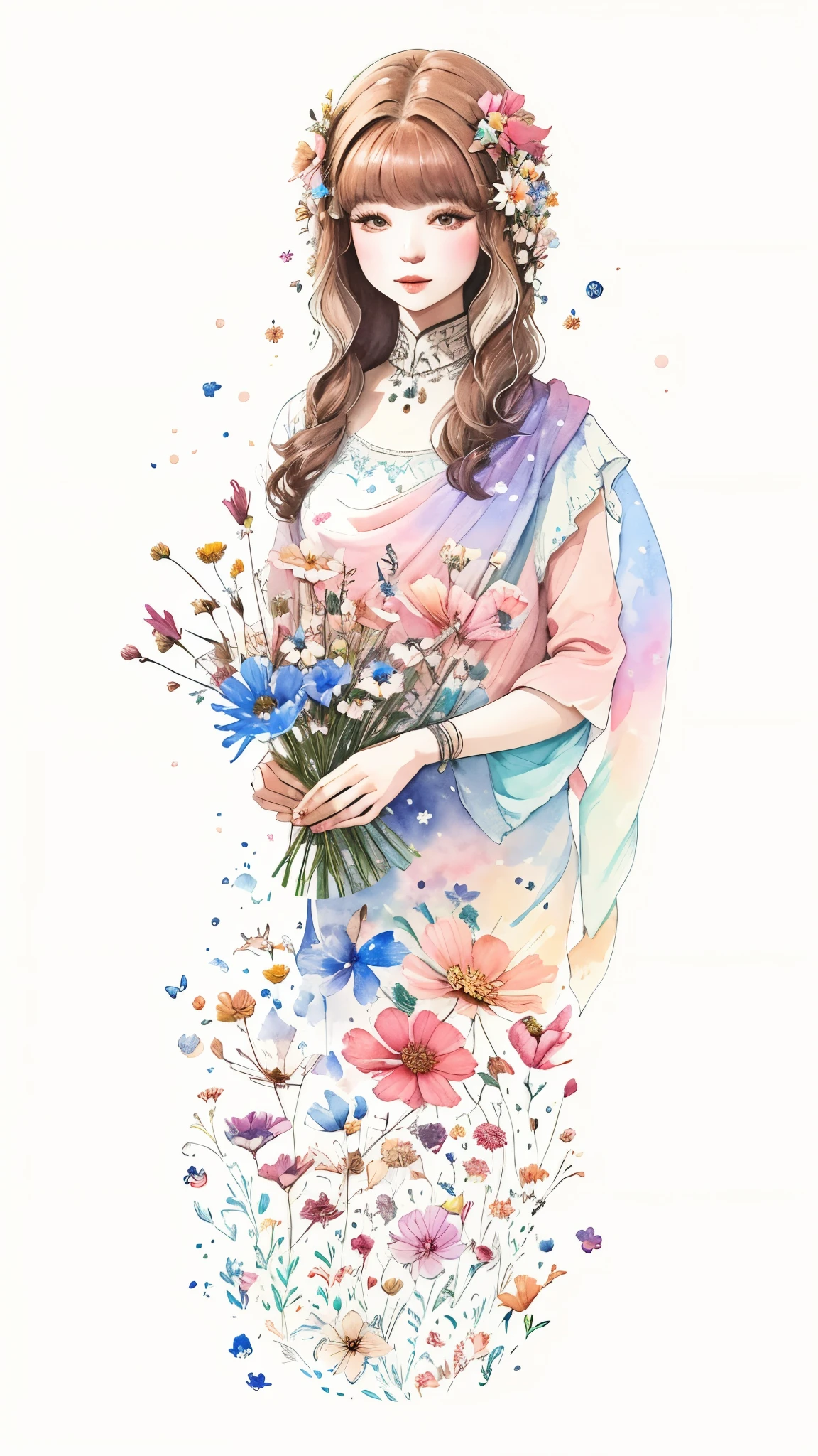 "Floral Girl from Another World" Hand drawn watercolor painting ,  Calm Tone ,  cosmos blooming everywhere 、  universe space  、