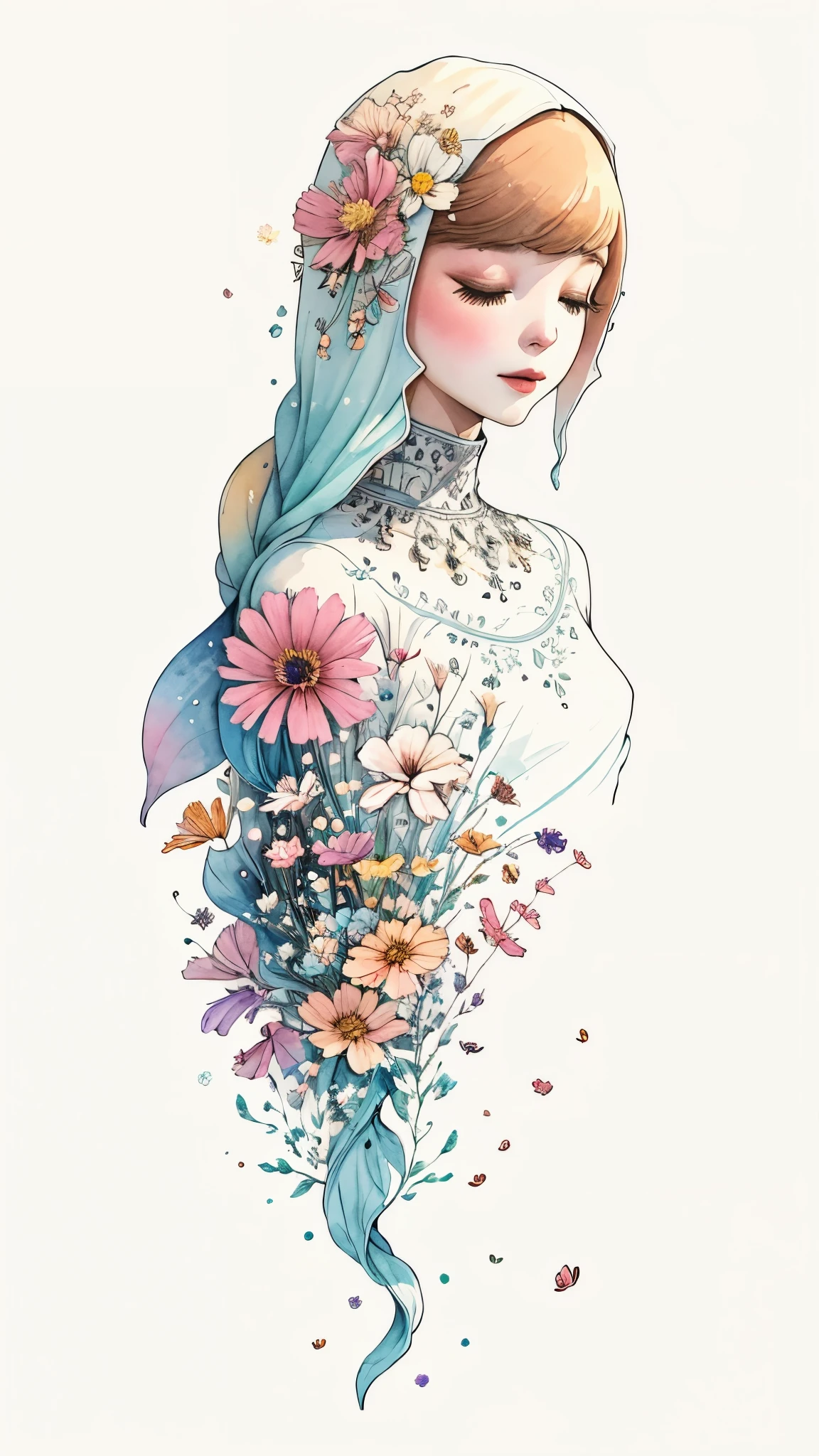 "Floral Girl from Another World" Hand drawn watercolor painting ,  Calm Tone ,  cosmos blooming everywhere 、  universe space  、