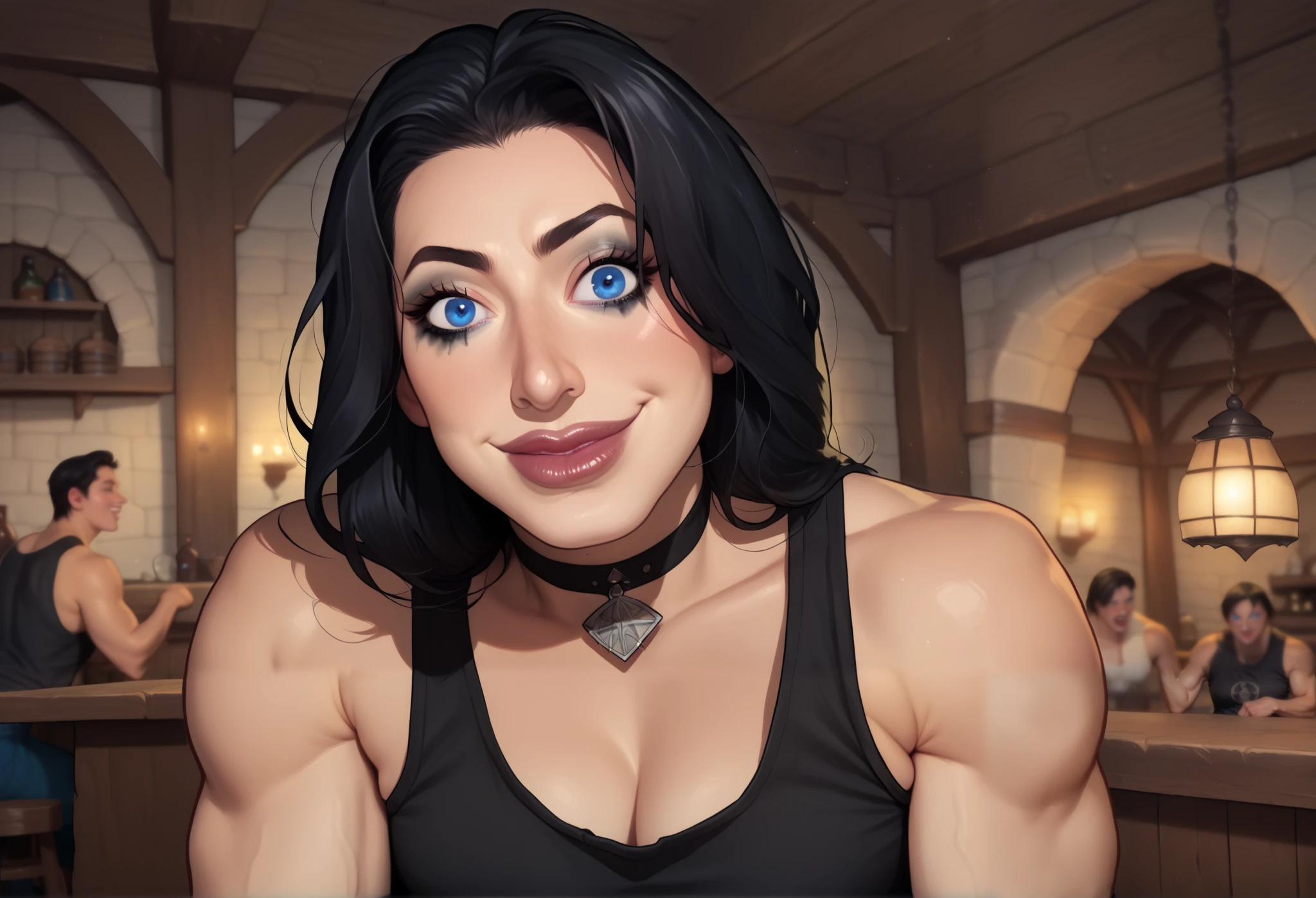 (((beautiful, high quality, comics style, detailed face))), score_9, score_8_up, score_7_up, BREAK, human, ((bignoselady, large nose, aquiline)), thick lips, goth girl aesthetic, tank top, jacked, beefy, muscular, tank top, sexy face, full makeup, crazy smile:1.4, wearing black choker, black hair, crazy eyes, large eyes, blue eyes. FLEXING, solo:1.4, looking at the viewer, front view, from below, tavern, fantasy, blurred background, (dynamic lighting:1.1) ((masterpiece)), Expressiveh, detailx