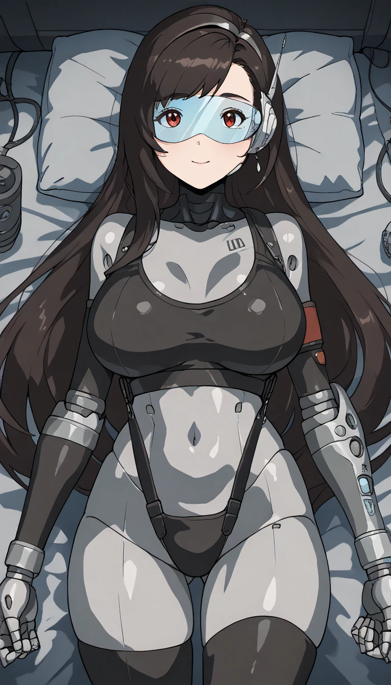 masterpiece, best quality, extremely detailed, (8K, 4K, Best Quality, hight resolution, 超A high resolution:1.1), ,8k portrait, Japaese android Girl,Plump , dark black leg cover,announcer,control panels,android,Droid,Mechanical Hand, Robot arms and legs, Black Robot Parts,Black long hair,Mechanical body,Blunt bangs,perfect mechanical abdomen,black robotics parts,perfect robot woman,future laboratory,cyber pank,charging spot,laboratory,long tube,thick cable connected her neck,black ceramic body ,perfect mechanical body, black robot body,lod antenna,mechanical ear cover,android,robot humanoid,black sponge joints,The removable cover is in the groin,The connection port is in the groin,opened chest panel,access panel on the chest,opened breast panel,perfect mechanical breast,perfect black machine body,perfect black android body,She has repaired,assembly plant,no human skin,visor,mistyrobot,tifa lockhart(final fantasy),smile,spread arm,robot joint,doll joint,robotization,lying