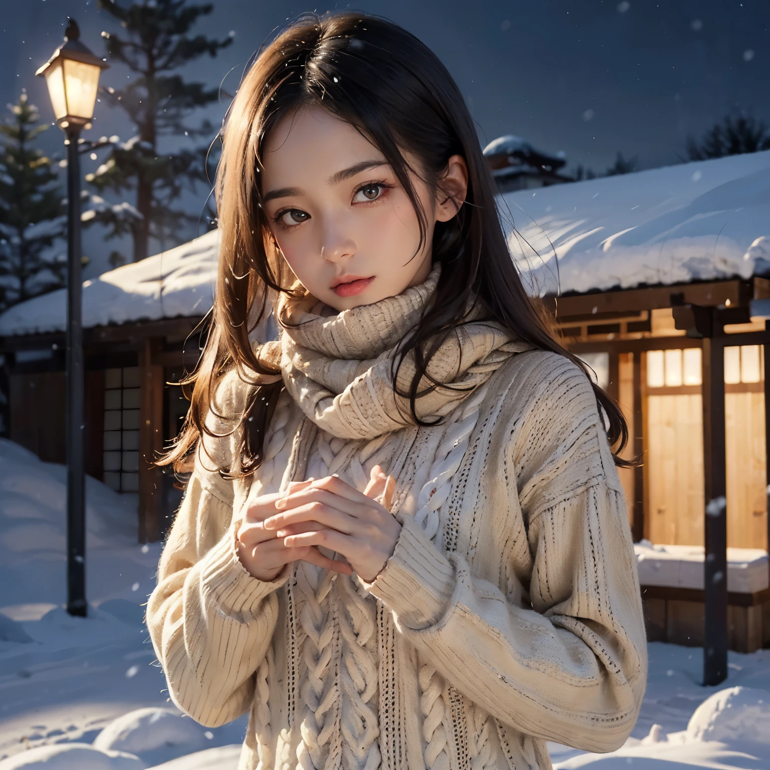 ​masterpiece、8K、32K、top-quality、(A detailed eye)、(A cute Japanese woman、bangss)、23years old、1 girl in、elegent、(Detailed background depiction、portlate:1.2)、(bobhair:1.5)、(illuminations、Snow:1.4)、(turned around:1.2)、knit hat、(wool poncho、a miniskirt:1.2)、the feet、(Snow:1.4)、(blushed face、Cheerful:1.4)、(Angle from below:1.4)