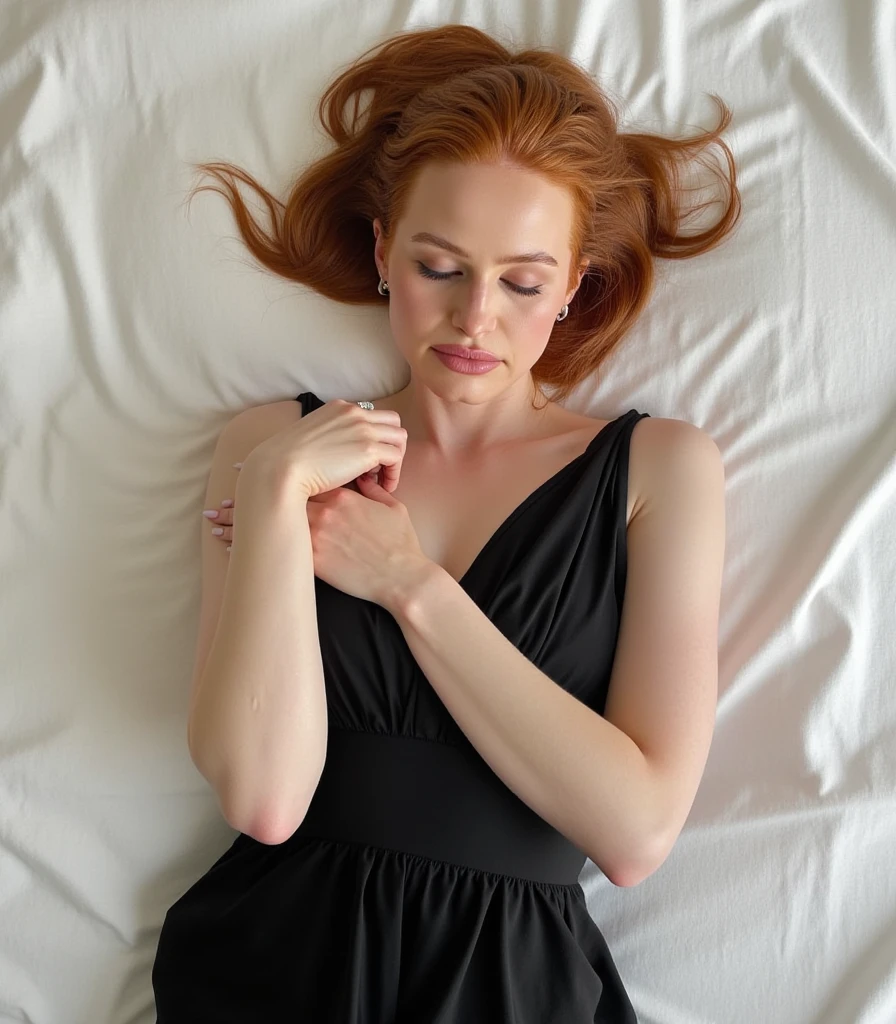 Madelaine Petsch, picture from above, lying limp on a bed with white sheets on back, black dress, sleeping, closed eyes, head tilt, mouth slightly open, loose arms