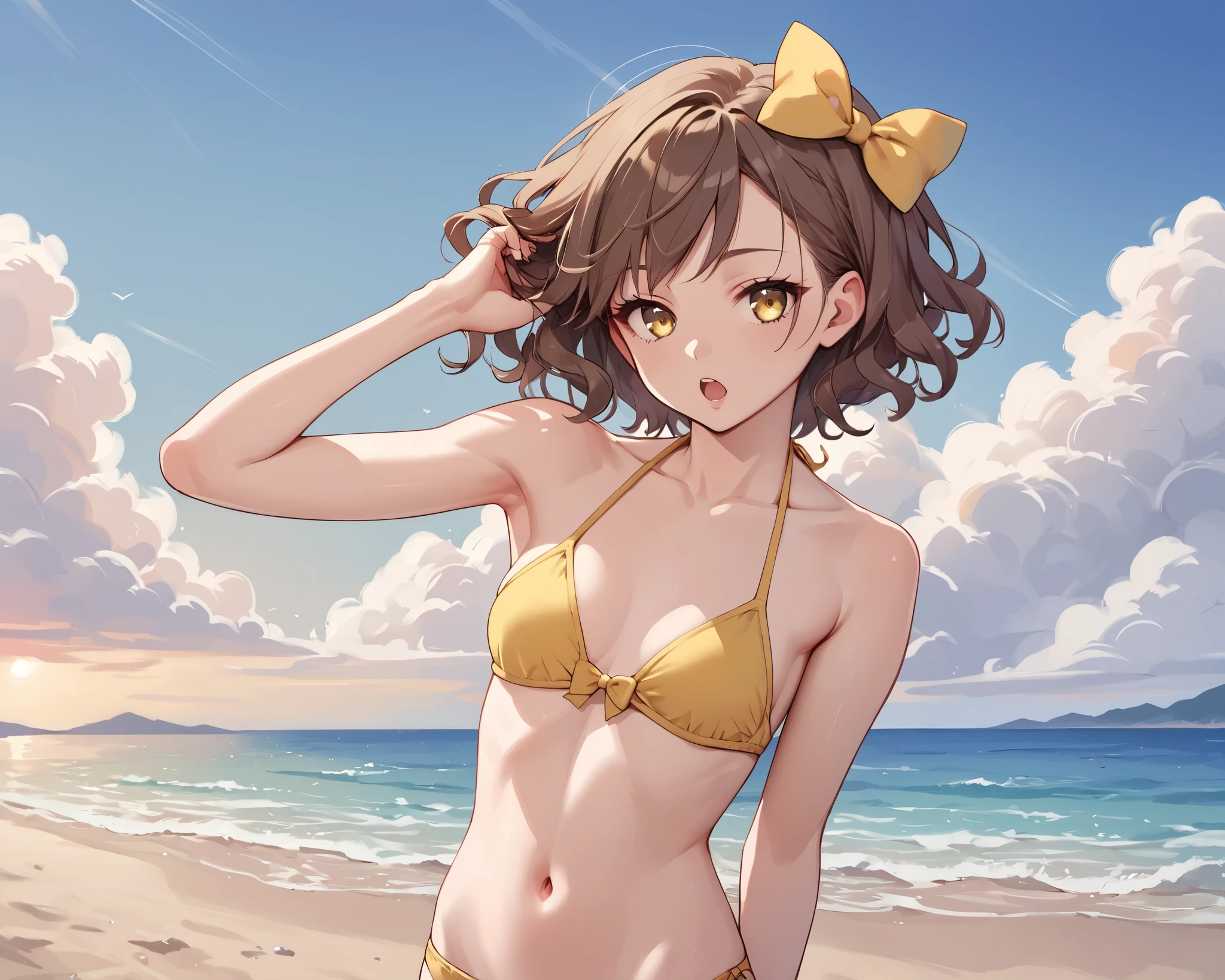 score_9_up, score_8_up, score_7_up, 1girl, solo, source_anime, Beautiful eyes BREAK
Brown hair, short hair, wavy hair, hair bow, yellow bow, yellow eyes, small breasts BREAK
Yellow bikini, navel BREAK
Standing, adjusting hair, open mouth BREAK
Outdoors, seaside, resort, beach, blue sky, cloudy sky BREAK