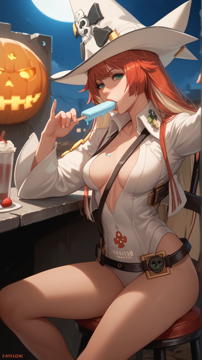 Sexy Jack-O from Guilty Gear ,  on a wasteland,  sitting in an old chair,  at night, eating a popsicle, pose sexy,