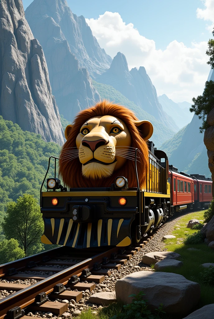  A realistic and detailed panoramic image of a Lion King train.   The front of the train is the face of the Lion King  ,  the train is riding on tracks in a place with mountains , trees and nature ,  I want a perfect train ,  with details of the Lion King from the movie  . Observation,   the image shows the train making a curve , Take care of the details , Showing the wagons ,  glass doors and windows 