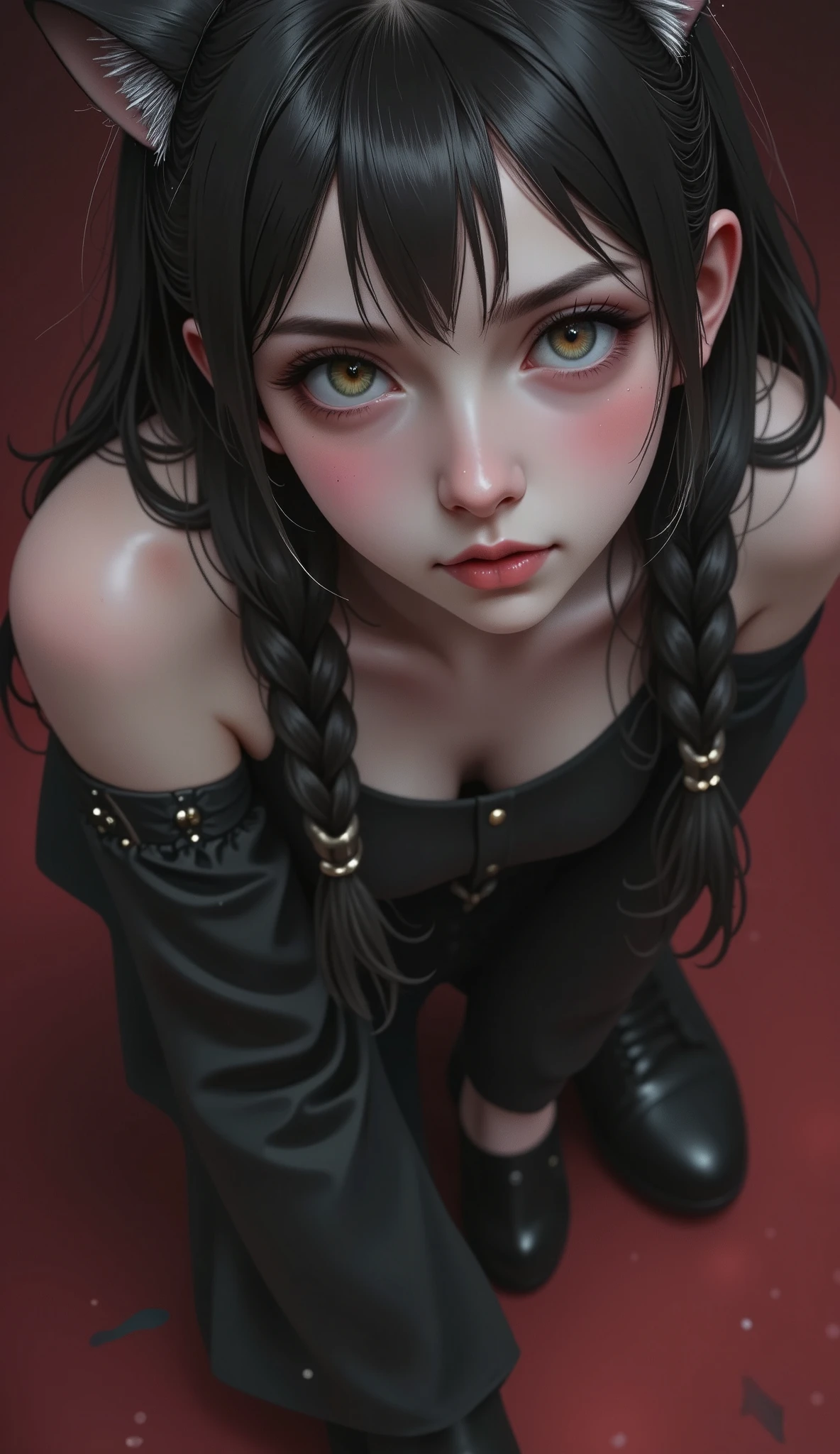 The camera is focusing from above  , Wine red background  ,   black hair, EMMO with 2 cat ears :1.5, Dark, Gothic,  A painting of a woman with long twin braids and perforations,   a portrait of a character made by Loish   ,   Winner of the pixiv contest , Gothic art, Artgerm and Ilya Kuvshinov,   a  goth anime girl  ,  Detailed portrait of an anime girl , neoartcore y charlie bowater,   extremely detailed art artgerm  