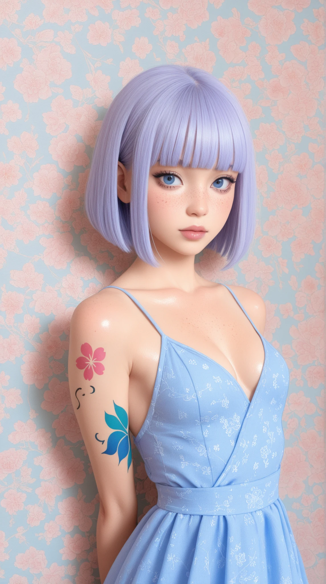 Realistic, Hyper Detail, Girls only, Short Layered Bob on One Side, Dynamic Lighting, ((bold imaginative poses)), (Glowing Skin: 1.5), masterpiece, highest quality, Disorganized, Audience, ((blonde:0,7) and (Light purple:0.3) hair), Deep purple clear eyes,((beautiful, Fine grain, Jewel-like eyes, Sparkling eyes:1.3)), thin, High resolution, Sharp focus, Depth of written boundary, Detail Eye, Sharp eyes, (Realistic Eyes)), Outdoor, Sunrise Sky,Open-air bath at a long-established hot spring inn,beautifulバスト,beautifulヒップ,Hip Focus,Butt sticking out pose