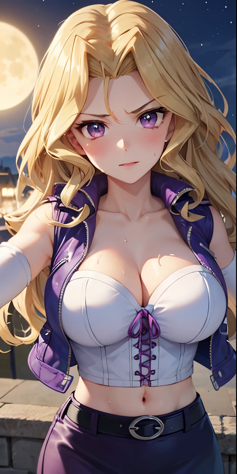 1 Female,High definition,high resolution,Ultra-realistic,8K, 8K, kujaku mai, blonde hair, purple eyes, breasts, blush, skirt, long hair, large breasts, elbow gloves, white gloves, navel, cleavage, detached sleeves, midriff, belt, vest, crop top, bustier,European,sexy,Upper body close-up,Photographed from the front,Dynamic Angles,(blush), big tits , happy, wink the eye,facial, sweat, outdoors, moonlight, night, waving,upset,(pov, closed shot:1.2)