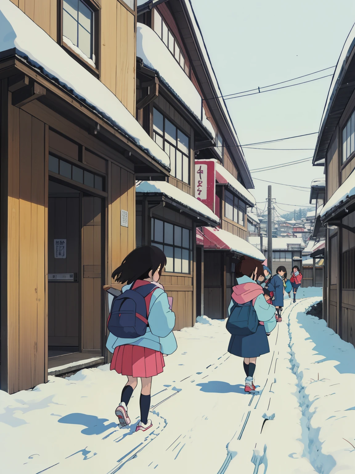 Japanese back alley in winter ， Retro Style ， several female ************* students commuting to school，Snow Scene