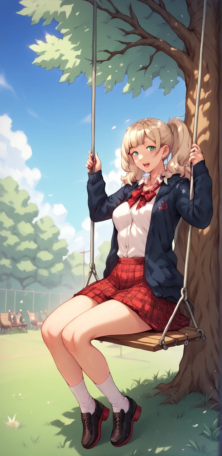 Megumi:  Sitting on the swing in the park, dressed 