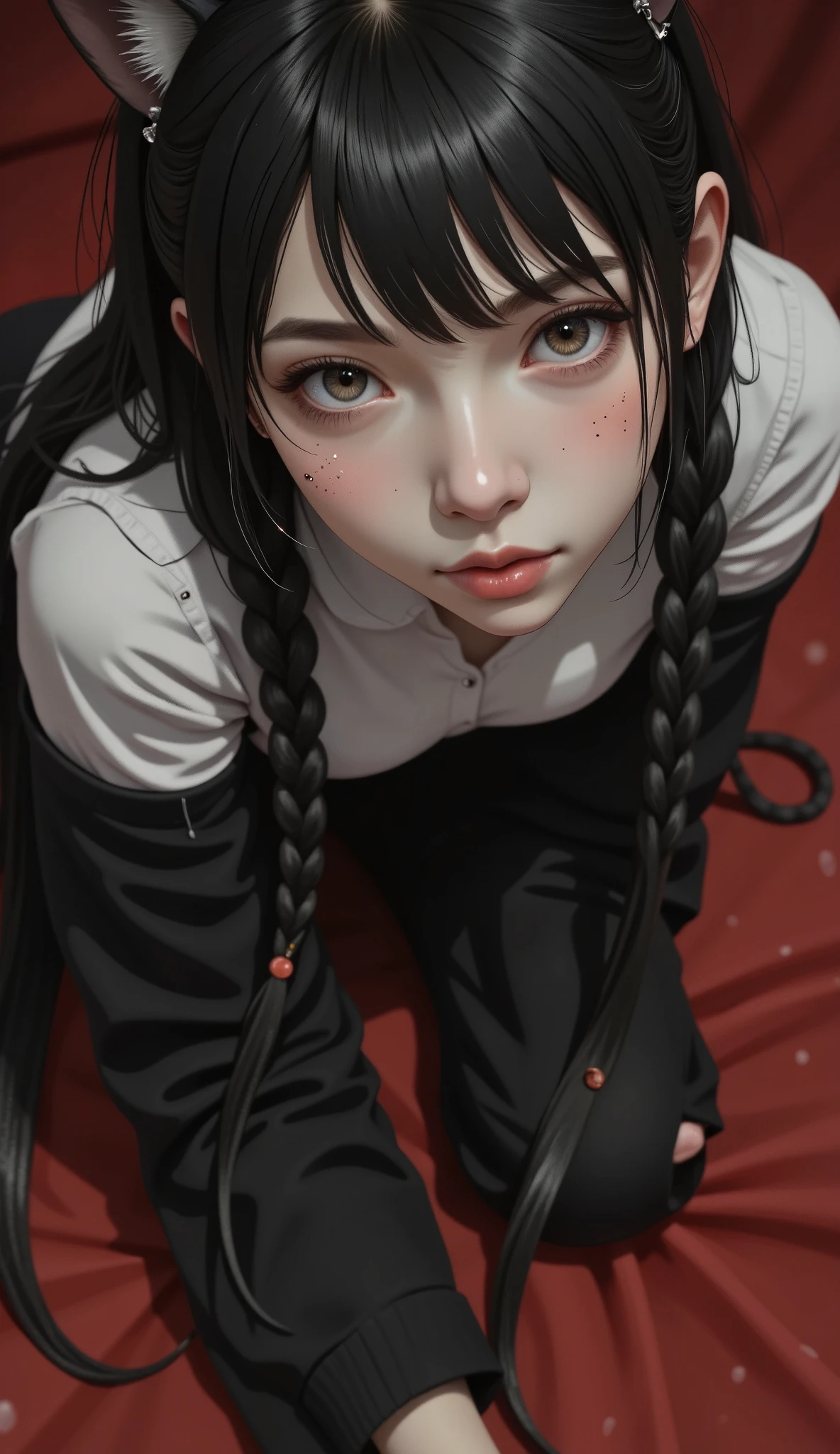 The camera is focusing from above centered image , Wine red background  ,  black hair, EMMO with 2 cat ears :1.5, Dark, Gothic,  A painting of a woman with long twin braids and perforations,  a portrait of a character made by Loish  ,  Winner of the pixiv contest , Gothic art, Artgerm and Ilya Kuvshinov,  a  goth anime girl  ,  Detailed portrait of an anime girl , neoartcore y charlie bowater,  extremely detailed art artgerm 