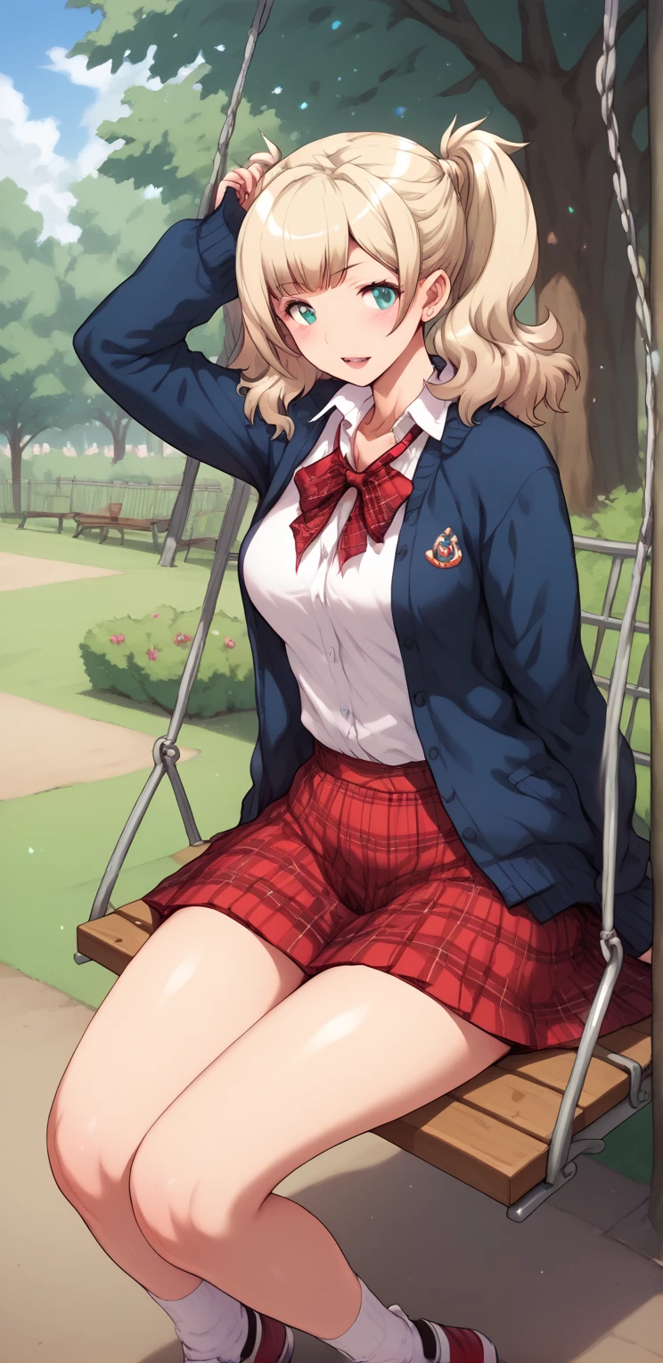 Megumi:  Sitting on the swing in the park, dressed 