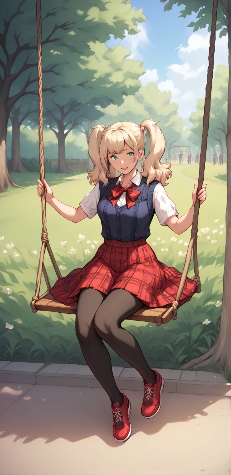 Megumi:  Sitting on the swing in the park, dressed 