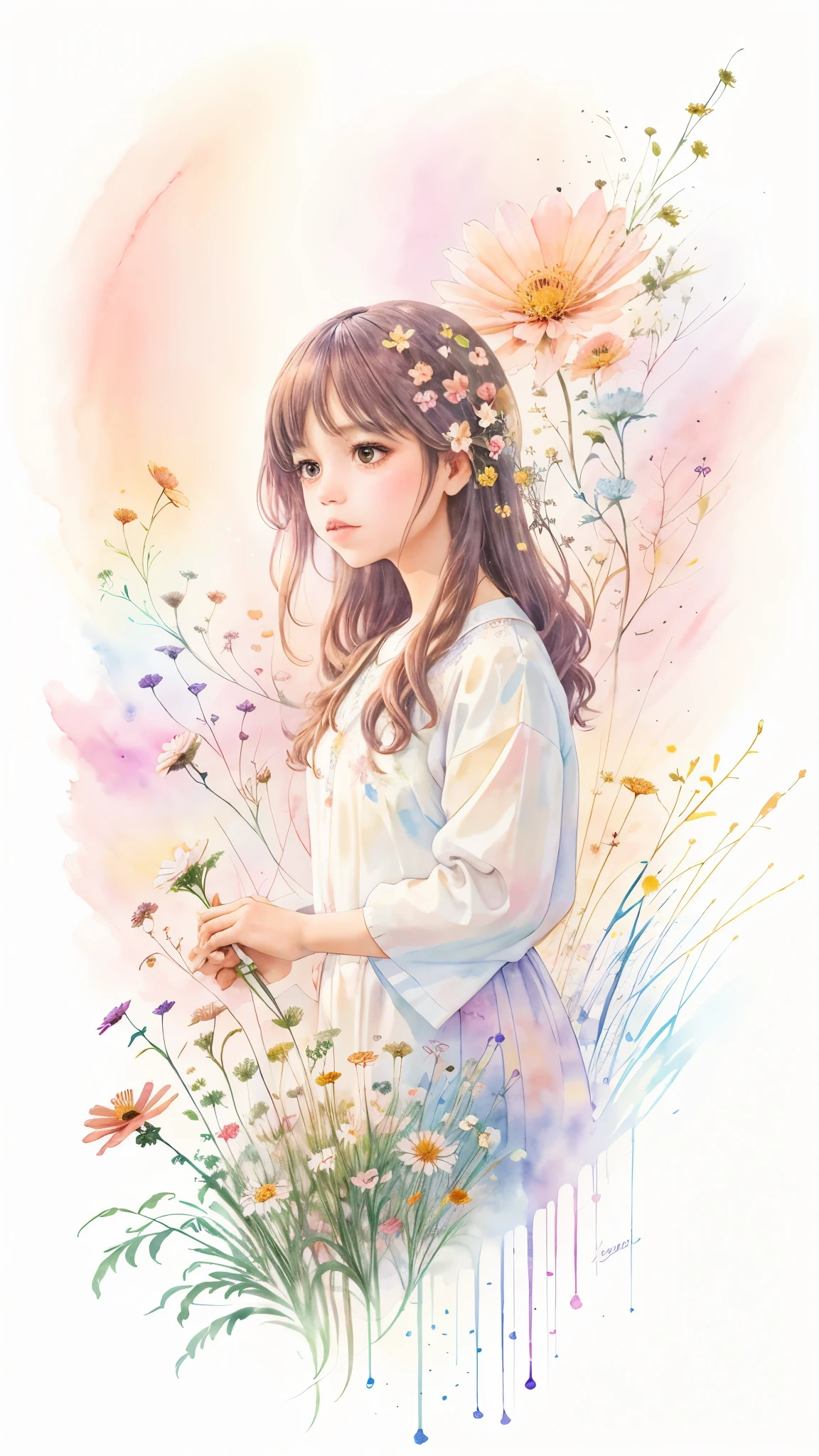 "floral girl" Hand drawn watercolor painting , Calm Tone , cosmos blooming everywhere 、 universe space 、