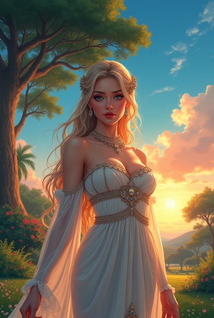  elegant mature young woman。 Full body front view、The skin is relatively white、Lavish clothing、 jewelry decoration、 Large tree、blue sky、clouds at sunset、Large garden、 the sunset is dazzling、 manga anime style 、 high image quality、masterpiece、