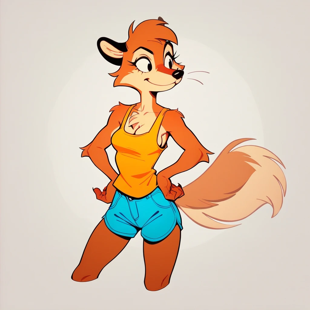 
"An anthropomorphic wolf-like character with a classic 2D cartoon style. She has a confident and playful demeanor, standing with her hands on her hips. Her design features bold lines, a warm brown fur coat, a fluffy tail, and distinct white fur accents on her chest and tail tip. She wears a yellow tank top and blue shorts, adding a casual, approachable vibe. The overall aesthetic blends retro cartoon charm with modern detail, reminiscent of vintage hand-drawn animation."