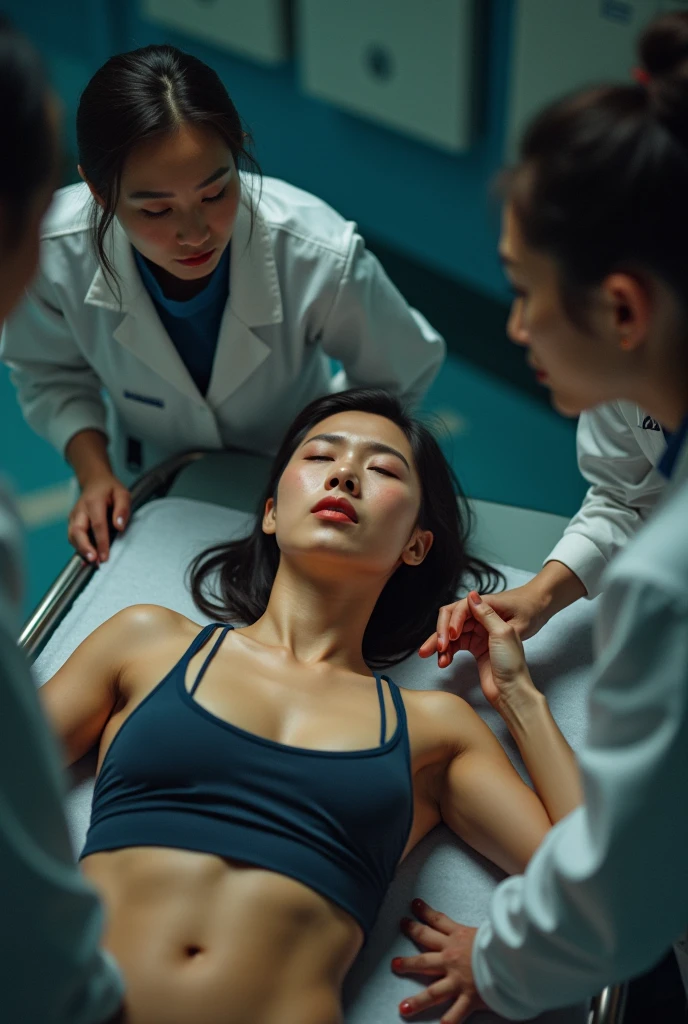 athletic attractive 2 asian woman wearing sports bra and long pants lying flat on operating table in operating room, IV line attached to arm. muscular arms. sweaty. crying in pain, hands over head. female nurse attending to her.