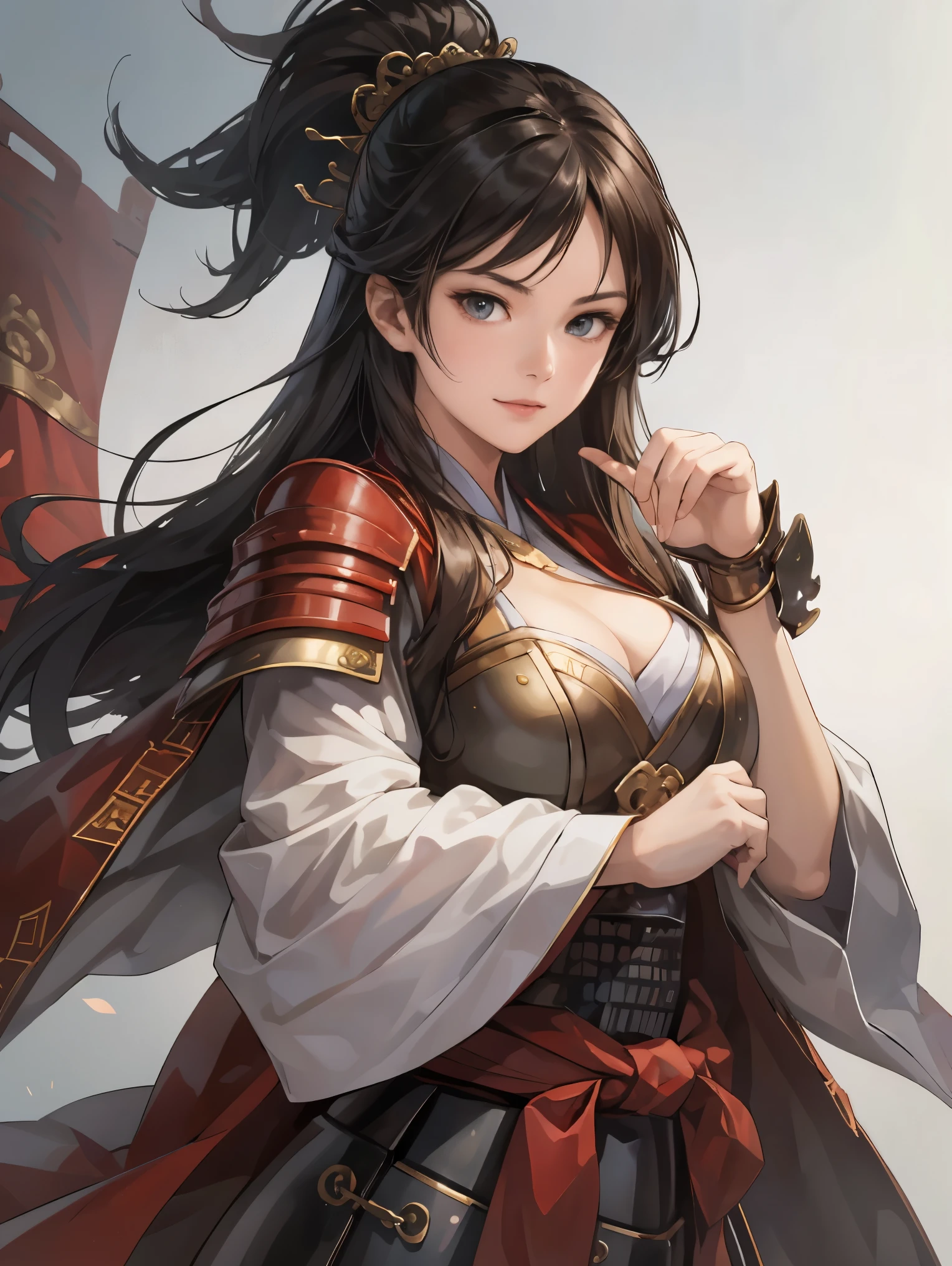   beautiful woman with dark hair ：1.3,  Stunning Character Art , Hanfu,((  pure white background)), ( top quality ),  handsome，Beautiful female knight, 2. 5D CGI fantasy artwork,  detailed digital art , Very nice work of art,  fan Art Best Art Station, ( red cloak),(warrior:1.2) are expressionless, accurately drawn hands 、 I'm putting my hands on my lower back, with little pubic hair、Chinese Armor,From the waist up、One woman、 faint smile 、White space above the head,masterpiece, Perfect picture, Realistic Drawing ,