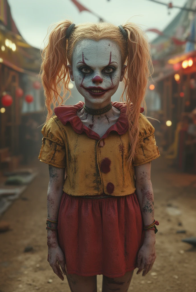 Female Clown blonde pigtails red Mini skirt shirt text I'm a murderer thick thighs Harley Quinn makeup amazing detail realistic 3D real character style extremely detailed background carnival 