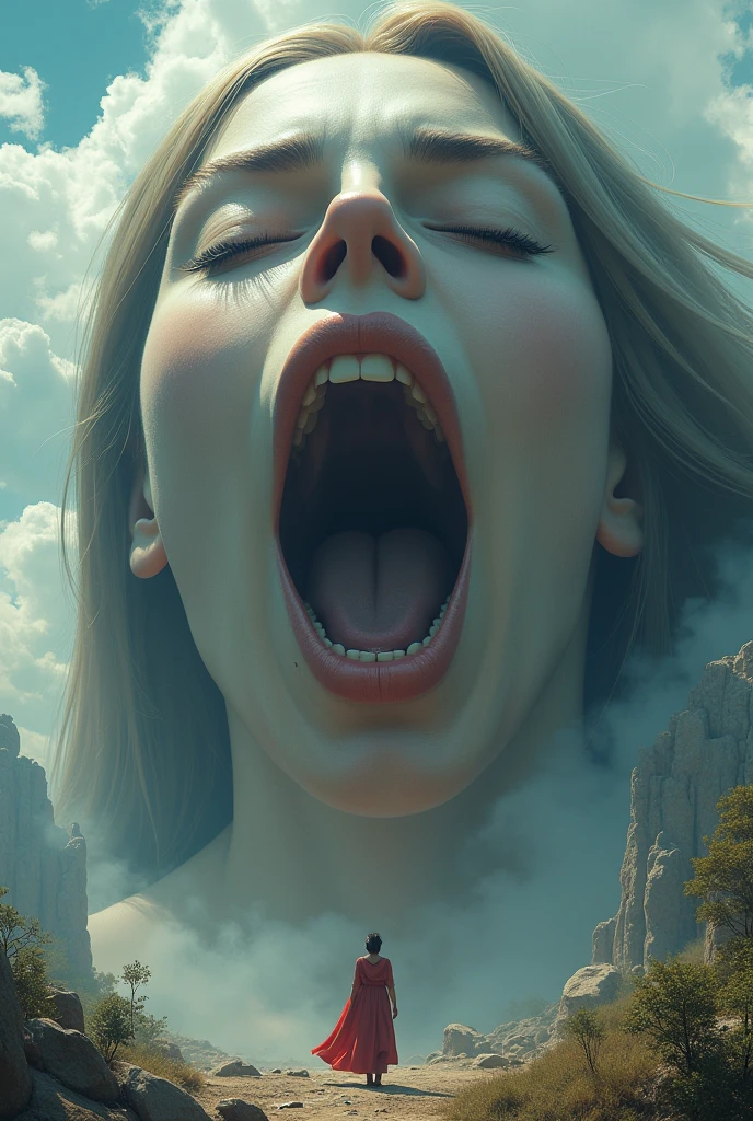 screaming nude cloud girl, platinum blonde, verry realistic, uhd, 8k, amazing lighting, high detail, masterpiece, dark, lightning, red clouds, full lenth view