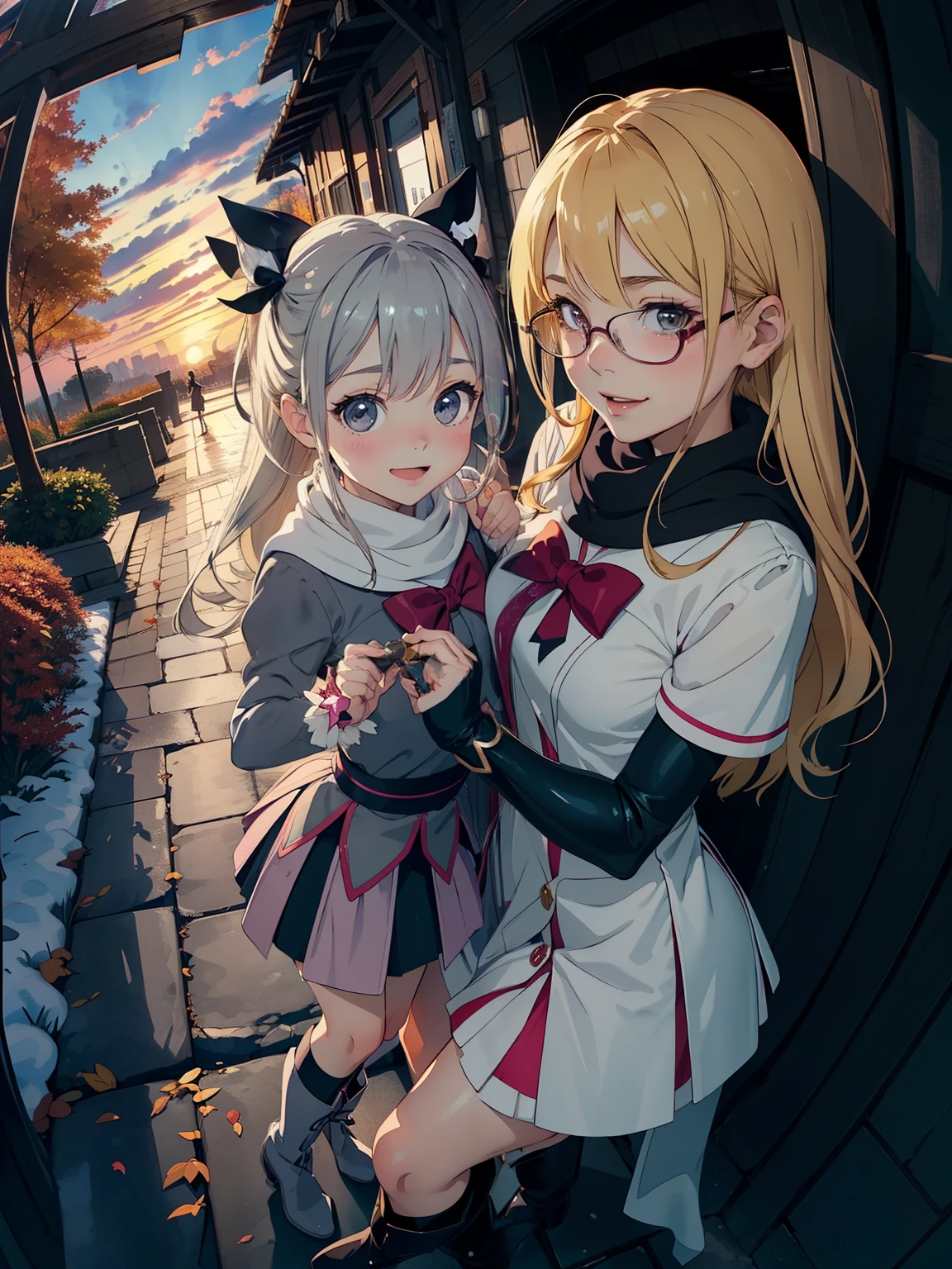 masterpiece，top quality， high image quality，( super flat ， flat shading  )，Glasses， beautiful dark hair， fisheye lens， cute petite, sow-trained young mother and her cute little training daughter:1.25， warm scarf ，( Magical Girl， shiny blonde gray ，I have a magic wand shaped like a long thick electric vibrator in my hand:1.6， Magical Item:1.2，かわいいピンク色のレースのふわふわした Magical Girlの衣装を着用:1.4，Fluttering skirt， harassment， clevis on a stone， Magic Rim:1.2)，( Magical Girl変身セット:1.2)，(naked)， long hair，  boots，smile, smile，  White Breath，fun, play，Park garden overlooking the autumn city， fall foliage，Snow Scene，Autumn sky，At dusk， Beautiful Sunset ，Wide angle， bright color，watercolor,  Ghibli style，Strong winds，Girl Temptation， girl &#39;Lure，