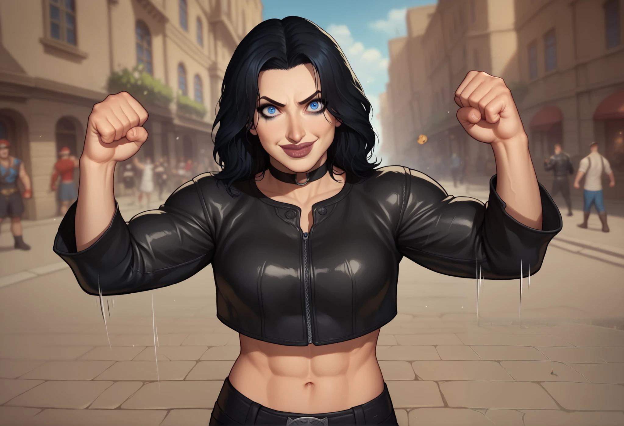 (((beautiful, high quality, comics style, detailed face))), score_9, score_8_up, score_7_up, BREAK, human, ((bignoselady, large nose, aquiline)), thick lips, goth girl aesthetic, jacked, beefy, muscular, oversized leather jacket, sexy face, full makeup, crazy smile. wearing black choker, black hair, crazy eyes, large eyes, blue eyes, BREAK, standing, ((fighting stance:1.1, dynamic pose, clenched hands)), midriff, motion lines:1.4, looking at the viewer, solo:1.4, streets outside, fantasy, blurred background, Expressiveh, detailxl