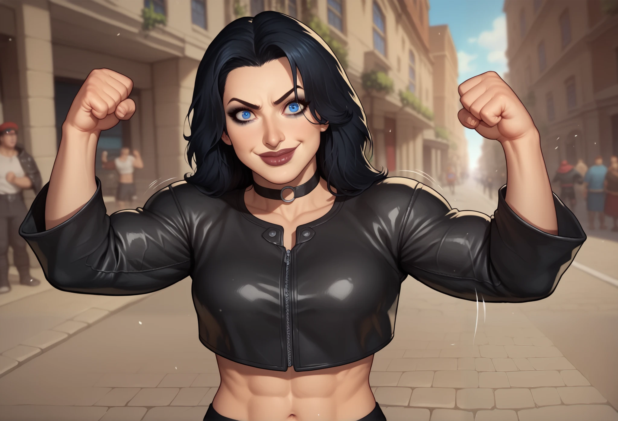 (((beautiful, high quality, comics style, detailed face))), score_9, score_8_up, score_7_up, BREAK, human, ((bignoselady, large nose, aquiline)), thick lips, goth girl aesthetic, jacked, beefy, muscular, oversized leather jacket, sexy face, full makeup, crazy smile. wearing black choker, black hair, crazy eyes, large eyes, blue eyes, BREAK, standing, ((fighting stance:1.1, dynamic pose, clenched hands)), midriff, motion lines:1.4, looking at the viewer, solo:1.4, streets outside, fantasy, blurred background, Expressiveh, detailxl