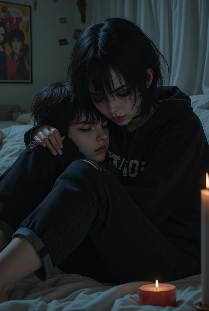 A sexy young male with teal blue eyes and long straight black hair, with pretty and delicate facial features, he is wearing gothic black clothes. His skin is pale and white. He has thick and shiny legs. (Male) (Black and purple) (Make it realistic) ((no facial hair)) ((no body hair))) ((masterpiece)) ((detailed) (((NO facial hair or body hair)) ((sexy)) (((show his full body)) (((he looks attractive)) (smirking) (he has gothic makeup on his face) ((show his whole body)) (MALE)) ((BOY)) ((NON-FEMALE)) ((he's laying his head on a boy's lap))