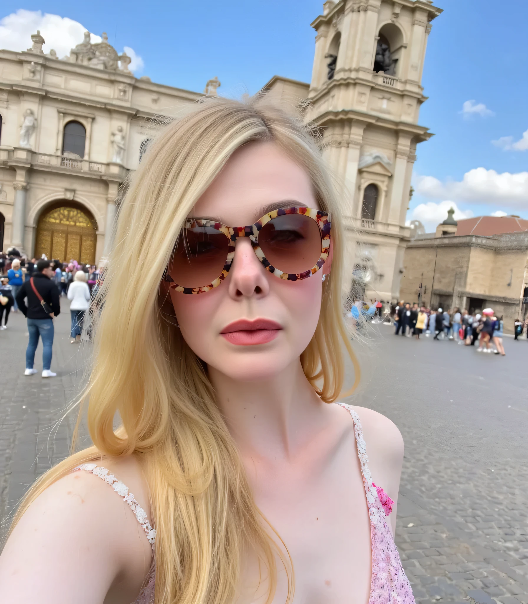 very white European white woman in Peru stands out for her beauty and upper class, modern, high society, In Plaza de Armas , taking selfie, has extreme baby lips , very huge is the first thing that catches the eye super dumb bimbo , Hollow head, ((blonde)) white trash, stupid white dog , dumb to the extreme walking around Peru , people look at the fool who attracts attention with her blond hair