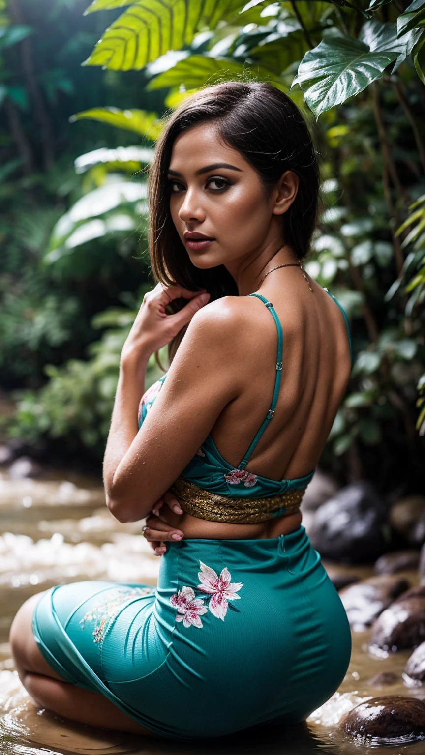 1 girl in, 30 years old, Square face, Long hair, Looking at viewer, jewelry, Realistic, Sexy, Amazonian native costume, colorful grass-covered native costume, jungle background, free pose