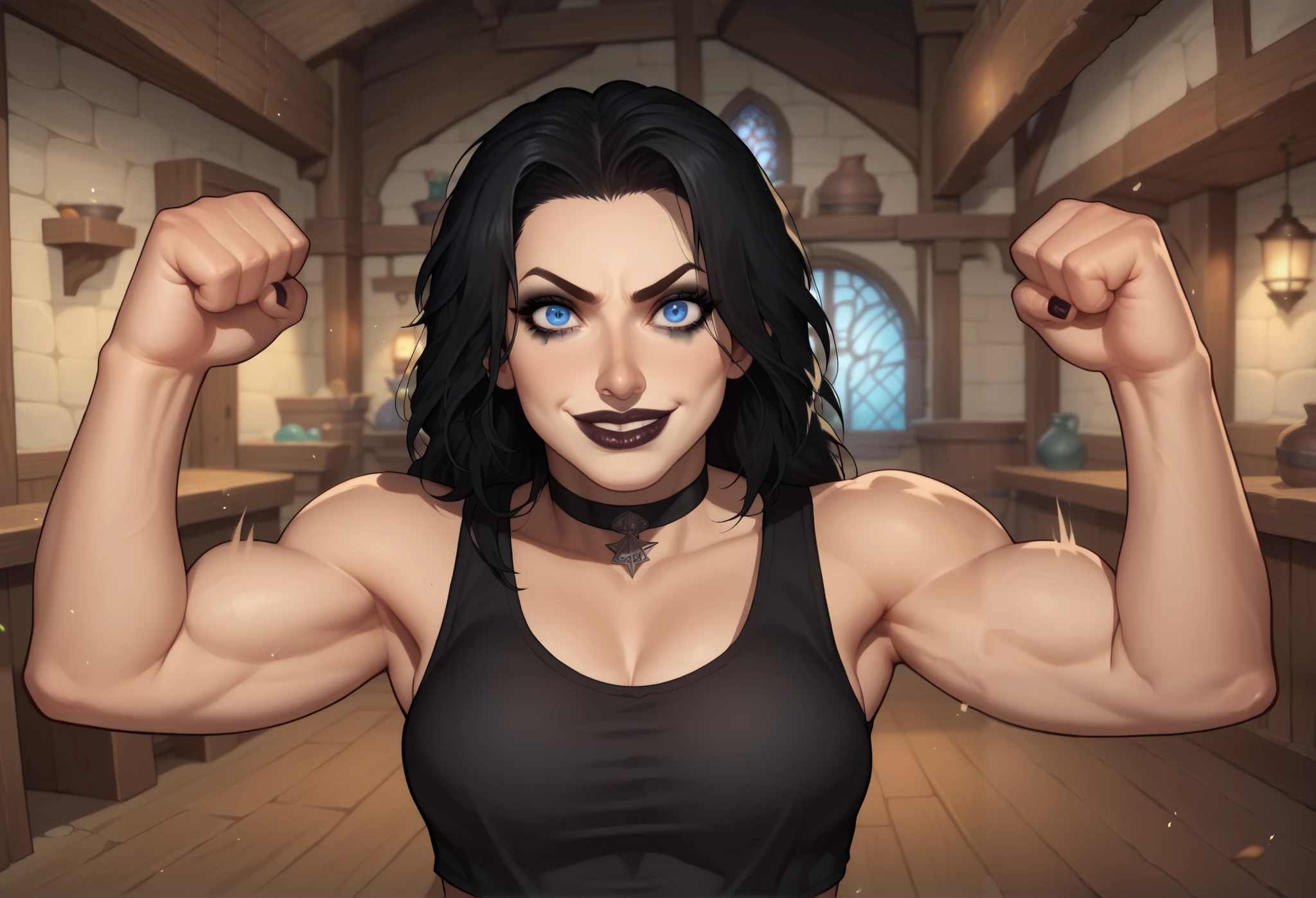 (((beautiful, high quality, comics style, detailed face))), score_9, score_8_up, score_7_up, BREAK, human, goth girl, ((pointy nose, big nose)), thick lips, goth girl aesthetic, jacked, beefy, muscular, tank top, sexy face, full makeup, crazy smile. wearing black choker, black hair, crazy eyes, large eyes, blue eyes. standing, ((fighting stance)), clenched hands, midriff, motion lines, looking at the viewer, front view, solo:1.4, tavern outdoors, fantasy, blurred background, (dynamic lighting:1.1) ((masterpiece)), Expressiveh, detail