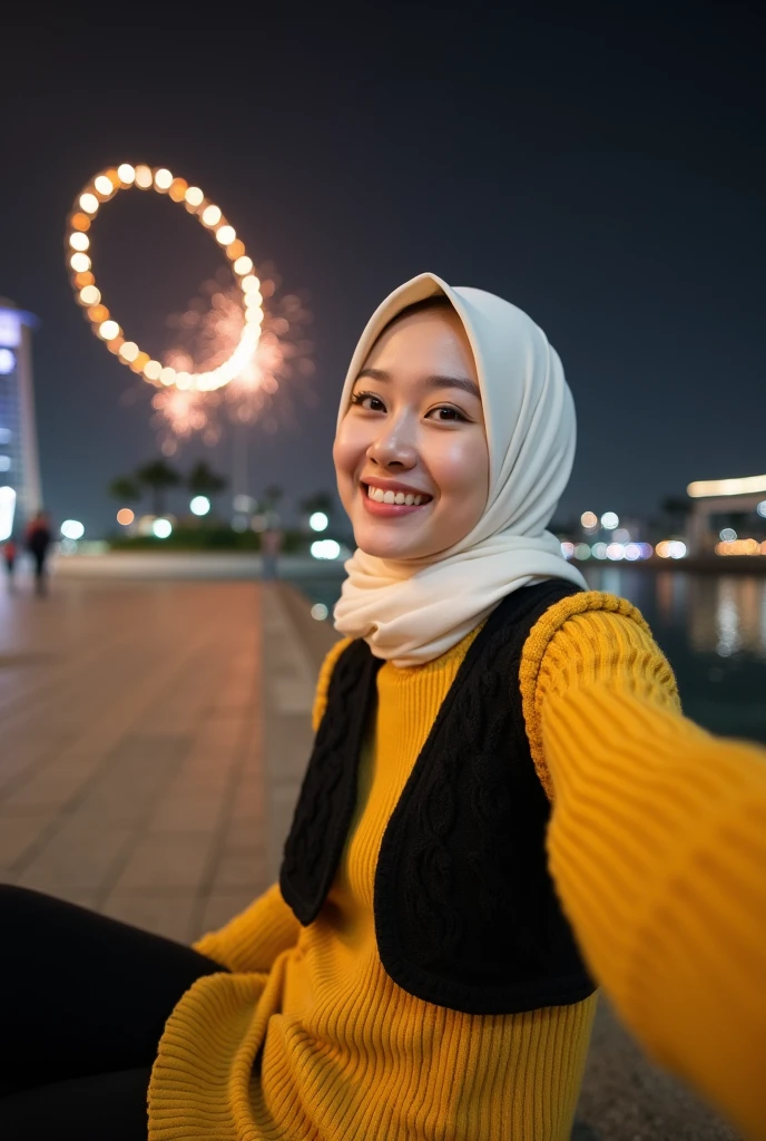 Masterpiece, best quality, photo taken with a canon 5D DSLR camera, photo taken from below, photo taken from behind, potrait photo of a woman 20 years old , hijab, chubby cheeks, dimples, sweet smilling facial expression. Wearing modern casual clothes, long skirt, standing facing a very large Ferris wheel, face looking back at the camera, background behind the night market entertainment, nighttime atmosphere.
