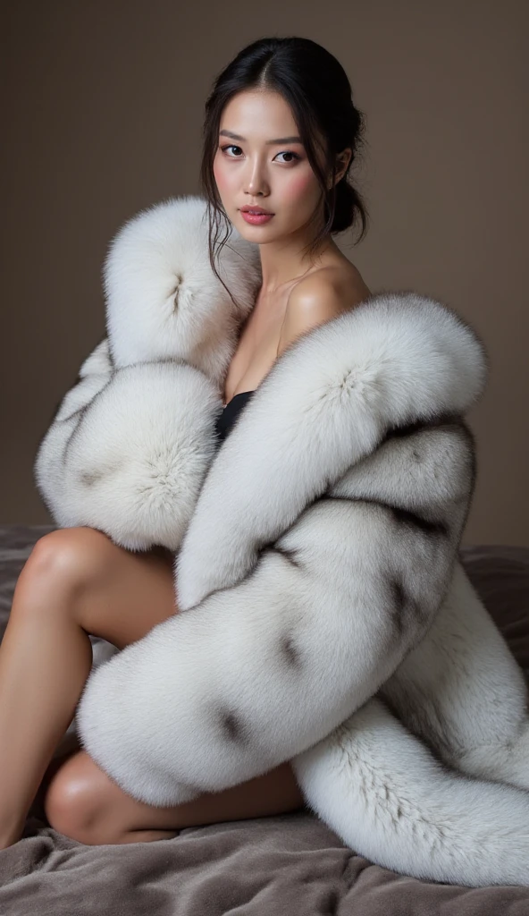 Beautiful asian woman, wearin a white bluef0x fur coat, sit on the bed