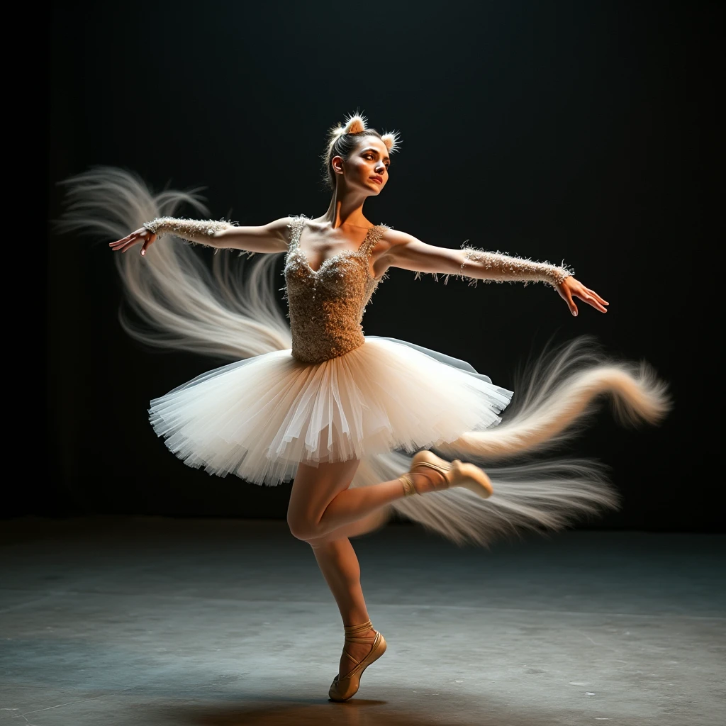 A ballerina dressed in a tabby cat-inspired costume, complete with a matching tulle skirt, pointe shoes, cat ears, and intricate feline makeup. She performs gracefully in a whimsical cat-themed drama, her movements captured in a stunning long-exposure style. The flowing trails of her motion create an ethereal effect, blending elegance with dynamic energy, while soft stage lighting enhances the dramatic atmosphere.