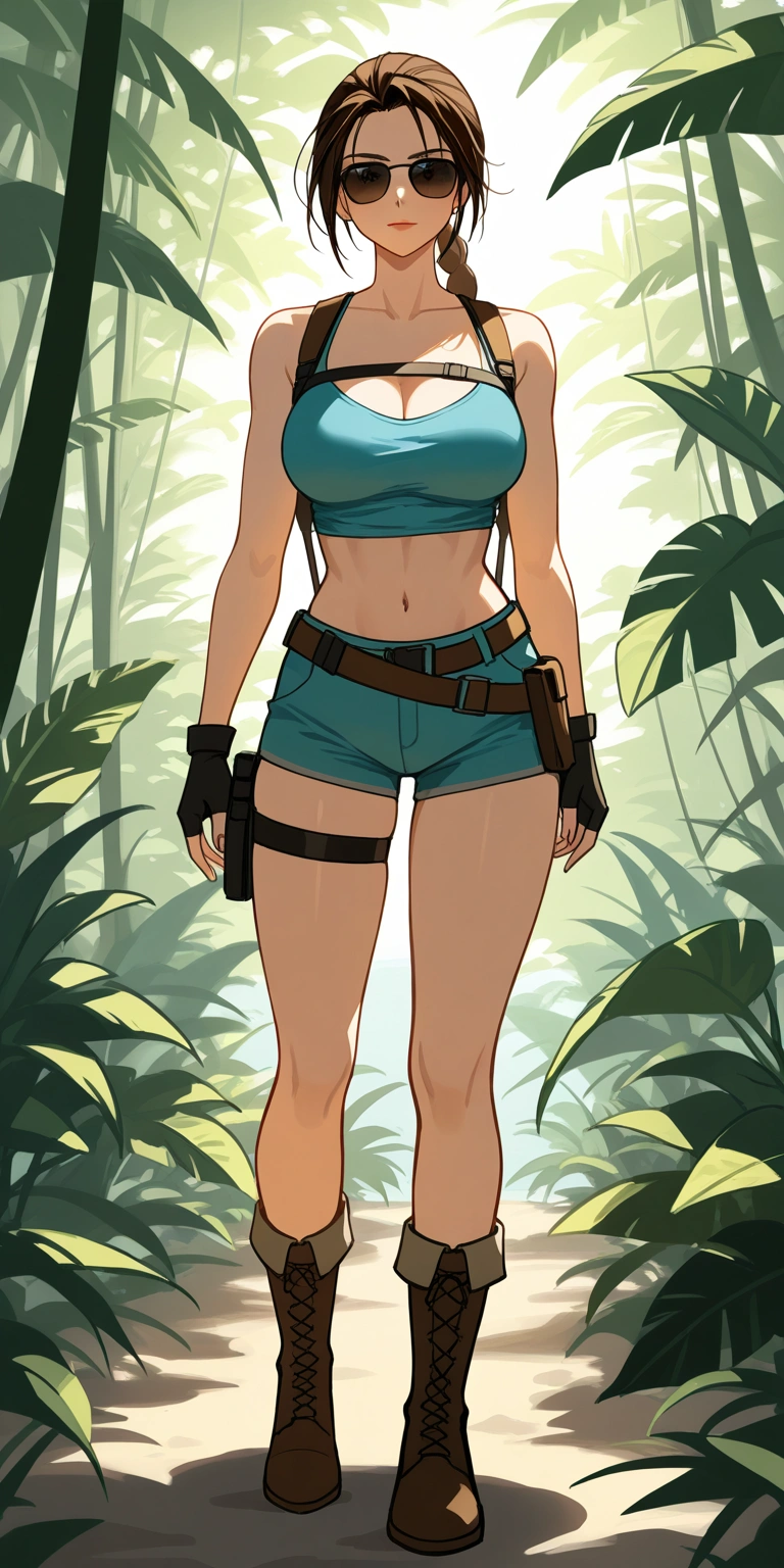  masterpiece fails, top quality ,  Highly detailed , Lara Croft,  with his canonical clothes, wearing sunglasses ,an umlyk ,  is standing somewhere in the jungle  