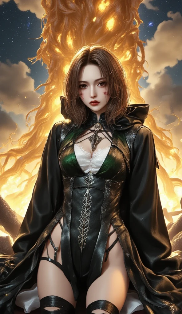 best quality, masterpiece, melina \(elden ring\),1 girl, solo, brown hair,medium curly hair, black cloak with hood,orange eyes,(Tunic with white inside and light green outside:1.5),belt,boots,full body, ashes and sparks in the air, (closed left eyes:1.5),(Scar on left eyes:1.5), 8k, high resolution, ultra detailed, professional digital painting, epic cinematic lighting, trending on artstation, 4k, hyperrealism, focused, extreme details, unreal engine 5, cinematic, masterpiece,There is a large golden glowing tree that seems to reach out into the universe, There are huge, golden trees that seem to stretch out into the universe, huge trees are huge horizontally and the size of swallowing stars,Girl resting under a giant tree, staring up at the giant tree