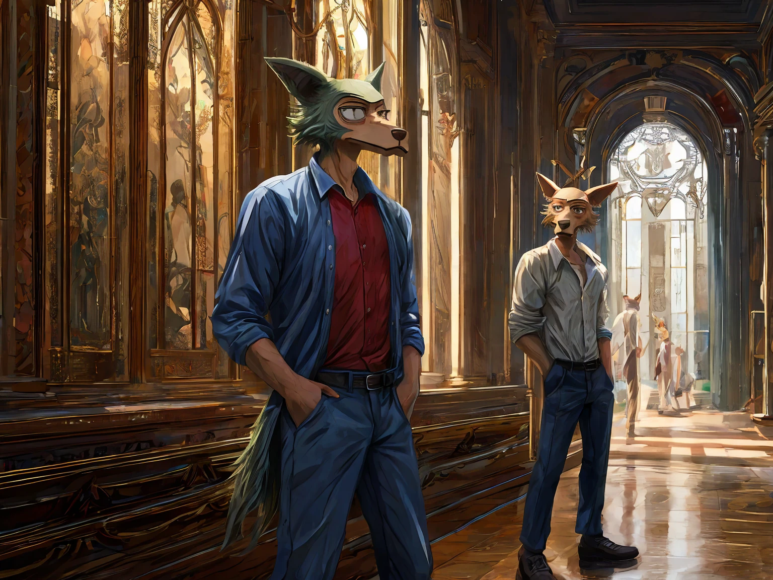 louis (/beastars/), in art museum, calm expression, sincere, loose shirt, jeans, Hands behind the back, standing, masterpiece, (16K), HD, Various facial details, detailed background, very detailed, dynamic poses, Eyes details,  high resolution, high quality, correct anatomy
