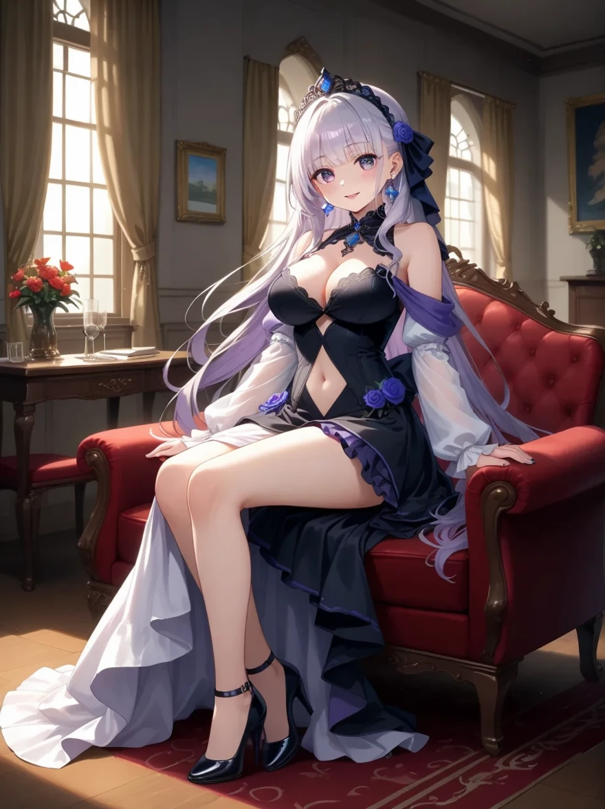 Members of the royal family，Lolita prostitute，Blue color scheme，white long straight hair，red eyes，ear nipple ring，secretary，leg loops，windowsill，starrysky，black silk high heels，long  skirt，Serious，Lace headband，Lace gloves ，maid，Erlang legs