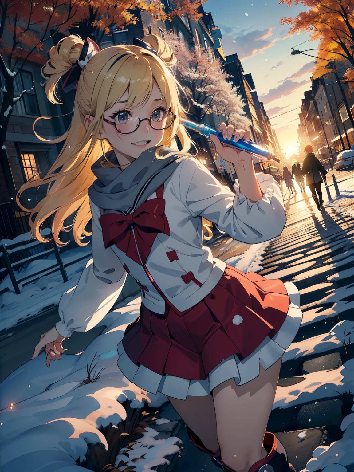 masterpiece，top quality， high image quality，( super flat ， flat shading  )，Glasses， beautiful dark hair， fisheye lens， cute petite, sow-trained young mother and her cute little training daughter:1.25， warm scarf ，( Magical Girl， shiny blonde gray ，I have a magic wand shaped like a long thick electric vibrator in my hand:1.6， Magical Item:1.2，かわいいピンク色のレースのふわふわした Magical Girlの衣装を着用:1.4，Fluttering skirt， harassment， clevis on a stone， Magic Rim:1.2)，( Magical Girl変身セット:1.2)，(naked)， long hair，  boots，smile, smile，  White Breath，fun, play，Park garden overlooking the autumn city， fall foliage，Snow Scene，Autumn sky，At dusk， Beautiful Sunset ，Wide angle， bright color，watercolor,  Ghibli style，Strong winds，Girl Temptation， girl &#39;Lure，