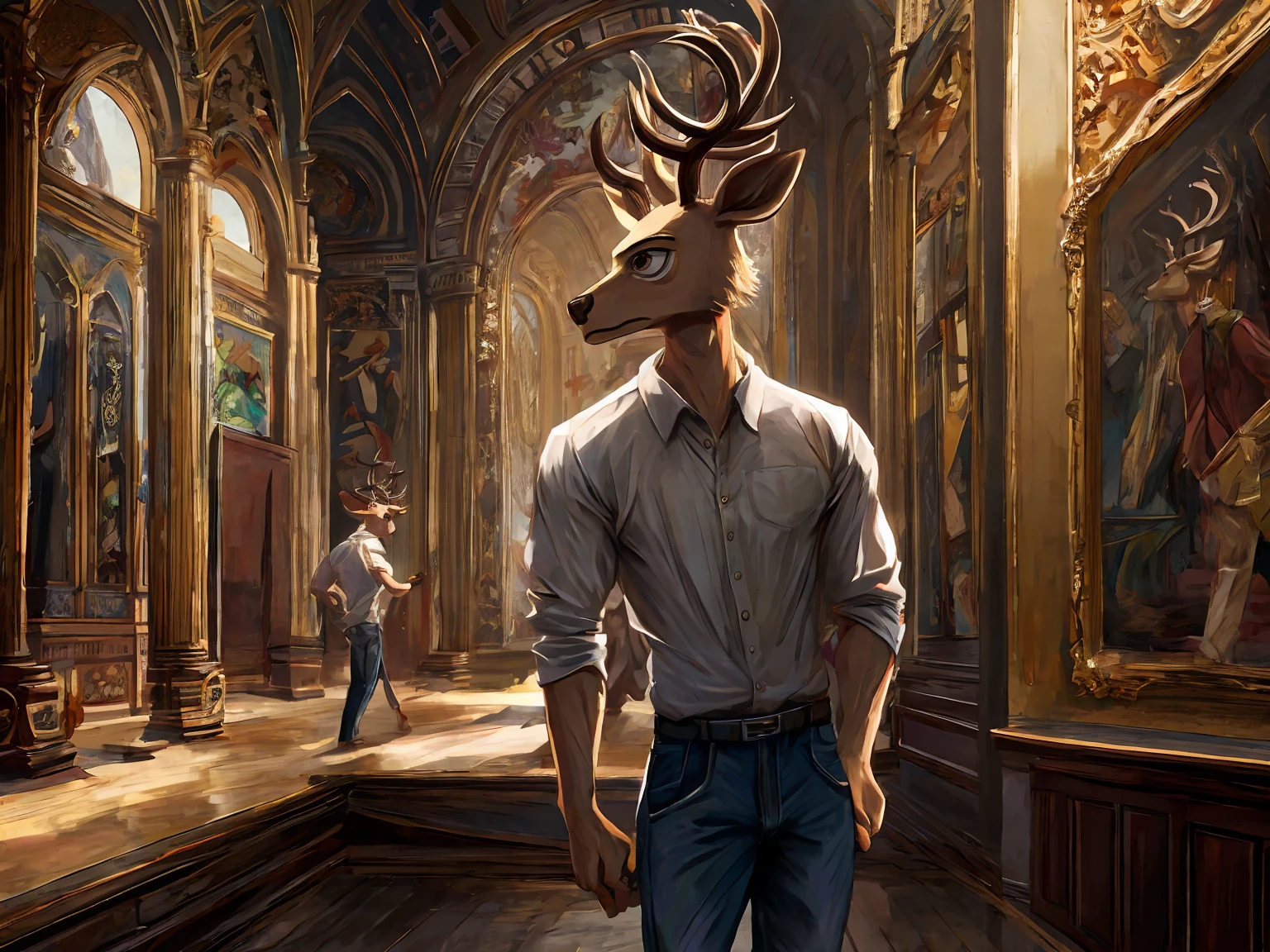 deer, louis (/beastars/), in art museum, calm expression, sincere, loose shirt, jeans, Hands behind the back, standing, masterpiece, (16K), HD, Various facial details, detailed background, very detailed, dynamic poses, Eyes details,  high resolution, high quality, correct anatomy
