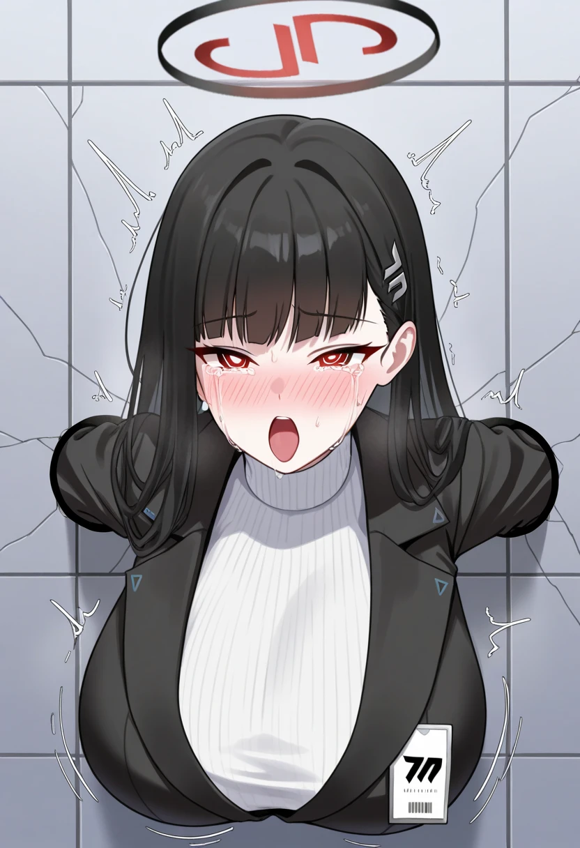 1girl,solo,(Rio \(blue archive\), black hair, red eyes, ringed eyes, white pupils, hairclip, halo, black jacket, white turtleneck sweater),large breast,ahegao,nose blush,drunken eyes,(Crying a lot:1.2),Sweaty,(orgasm face:1.4),(female orgasm:0.7),(glory wall:1.4),through wall,stationary restraints,(upper body:1.3),restrained,stuck,(movement lines:1.2),(impact lines:0.8),(extremely moaning:1.2),front view,