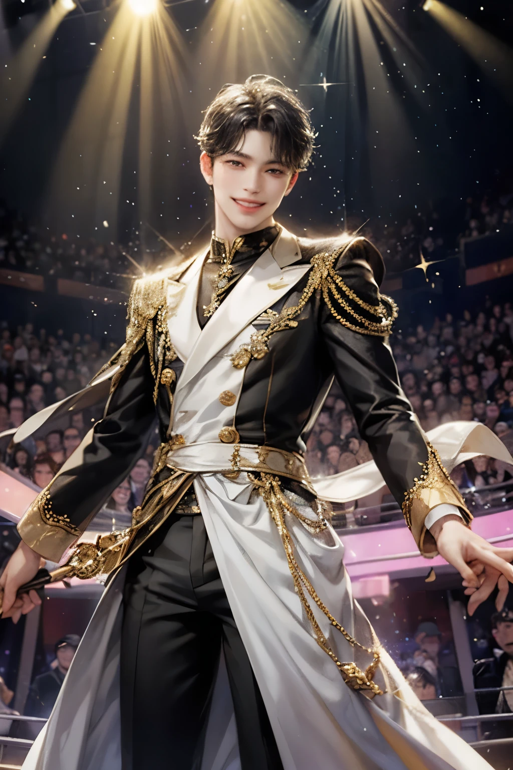 Sweet-faced man, black hair, wearing idol clothes, idol, looking at audience, front view, toothless smile, standing on stage, sparkling, spotlight, high detail, front, man, sweet man, male cloth, sparkling costume, Beautiful face like a woman but is actually a man., ระยะใกล้, half body, half body photo