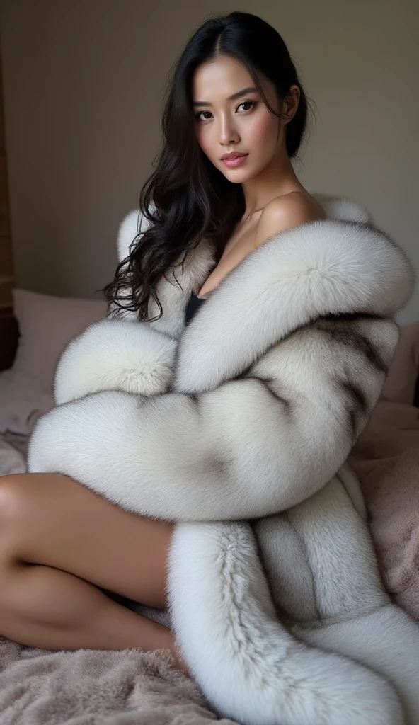 Beautiful asian woman, wearin a white bluef0x fur coat, sit on the bed, leg inside fur blanket, adorable, gorgeus, 