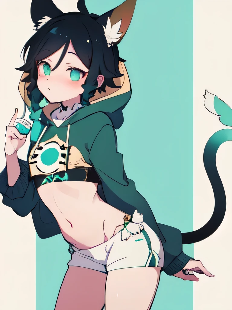 Venti stands in a sexy pose, Venti has average medium breasts, Venti has cat ears and a tail, Venti is wearing a short hoodie and shorts, venti is blushing and very shy. 2 young girls, thighs, flat belly