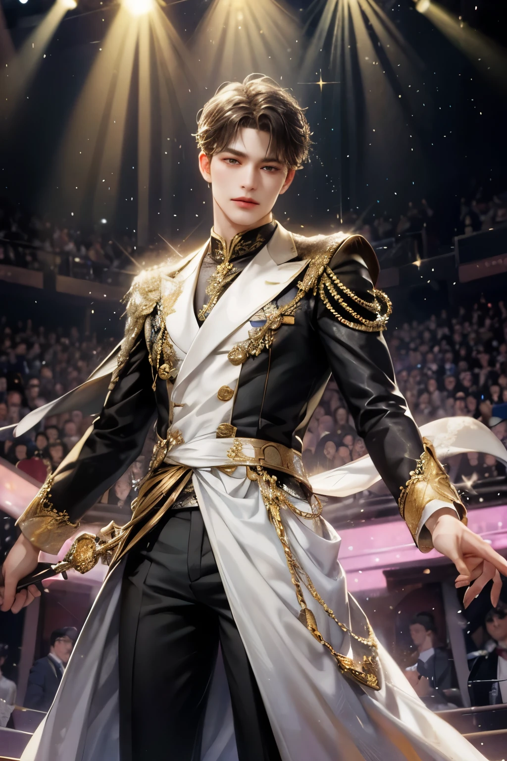  high detail, front, man, sweet man, male cloth, sparkling costume, Beautiful face like a woman but is actually a man