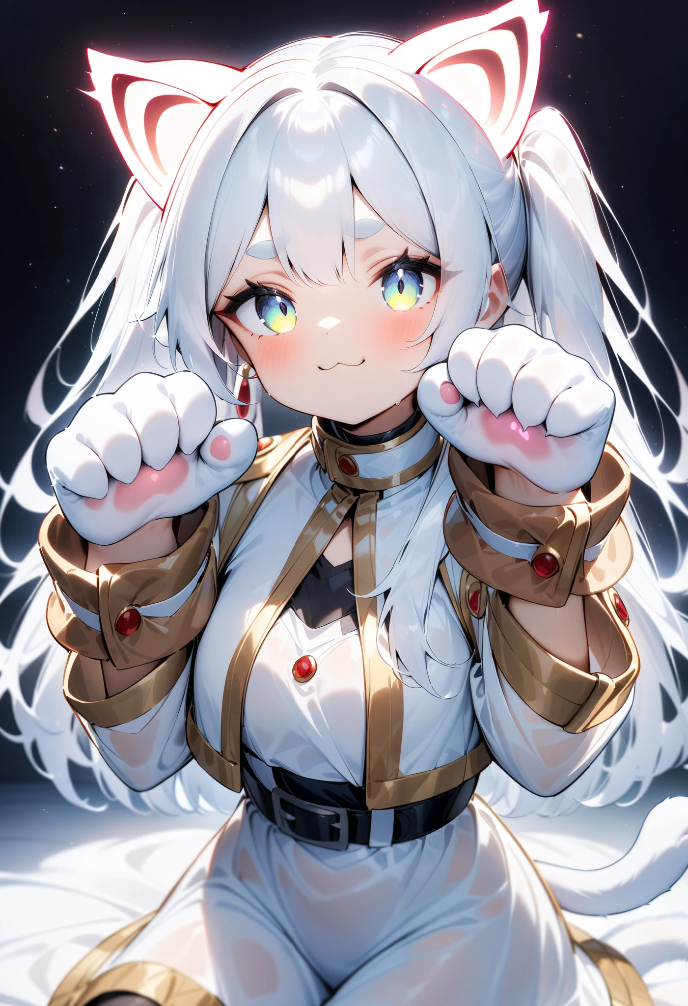 masterpiece, best quality, very aesthetic, absurdres, 
frieren, white cat cosplay, glowing ears,cat ears, :3, (Cat Hand Glove, paw pose)