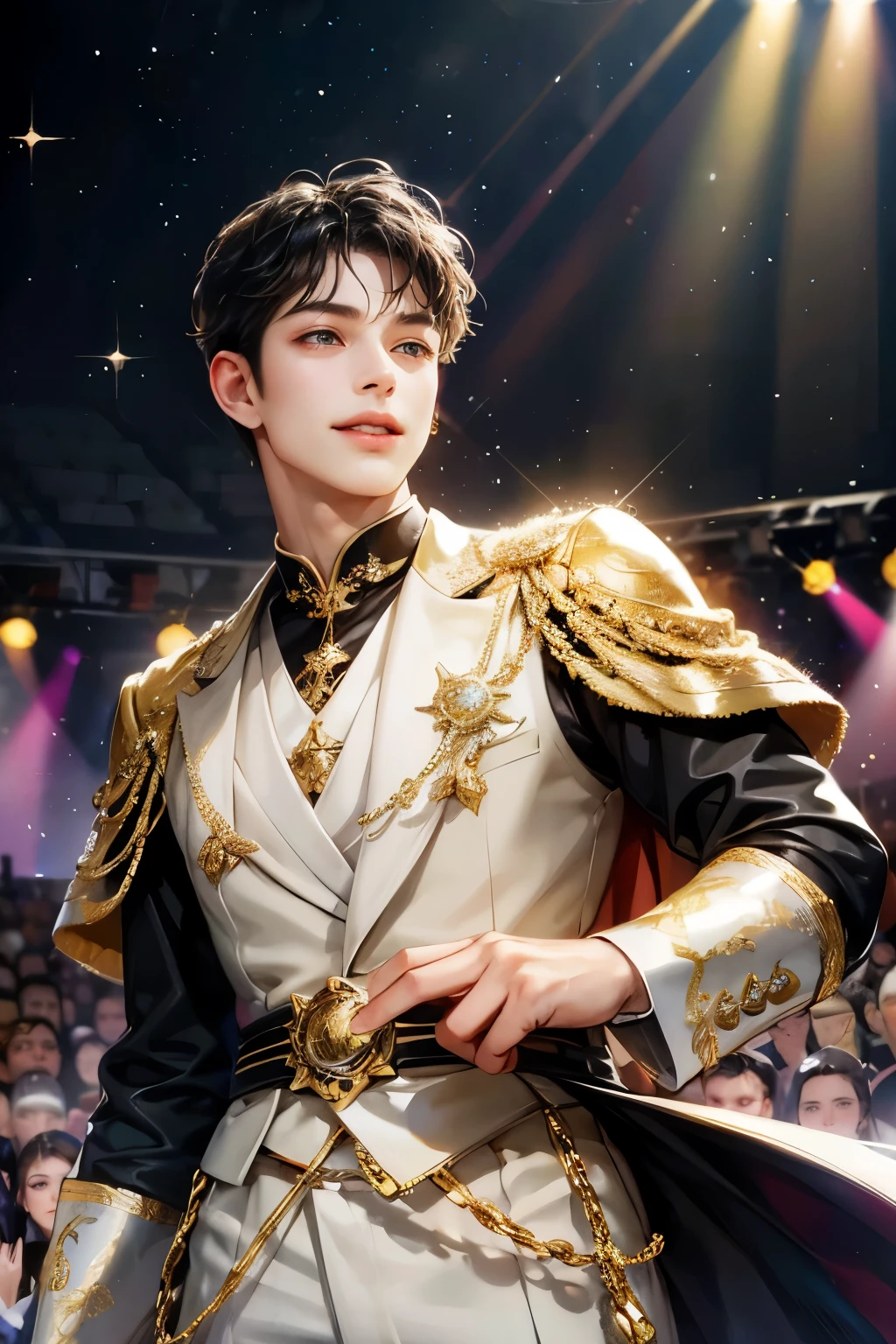 Sweet-faced man, black hair, wearing idol clothes, idol, looking at audience, front view, toothless smile, standing on stage, sparkling, spotlight, high detail, front, man, sweet man, male cloth, sparkling costume, Beautiful face like a woman but is actually a man., ระยะใกล้, half body, half body photo