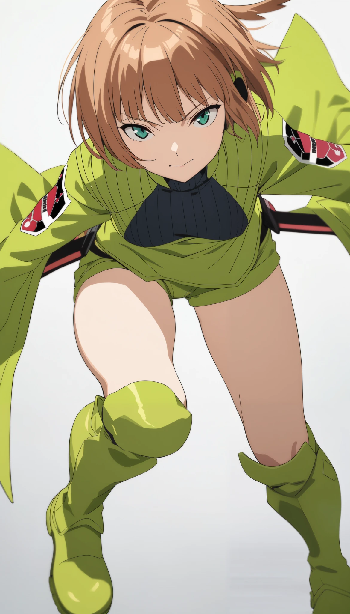 Konami,live-action、 real、 1 girl, looking at viewers, green jacket , gloves, Green Shorts , green footwear, masterpiece, top quality , Dynamic Poses、