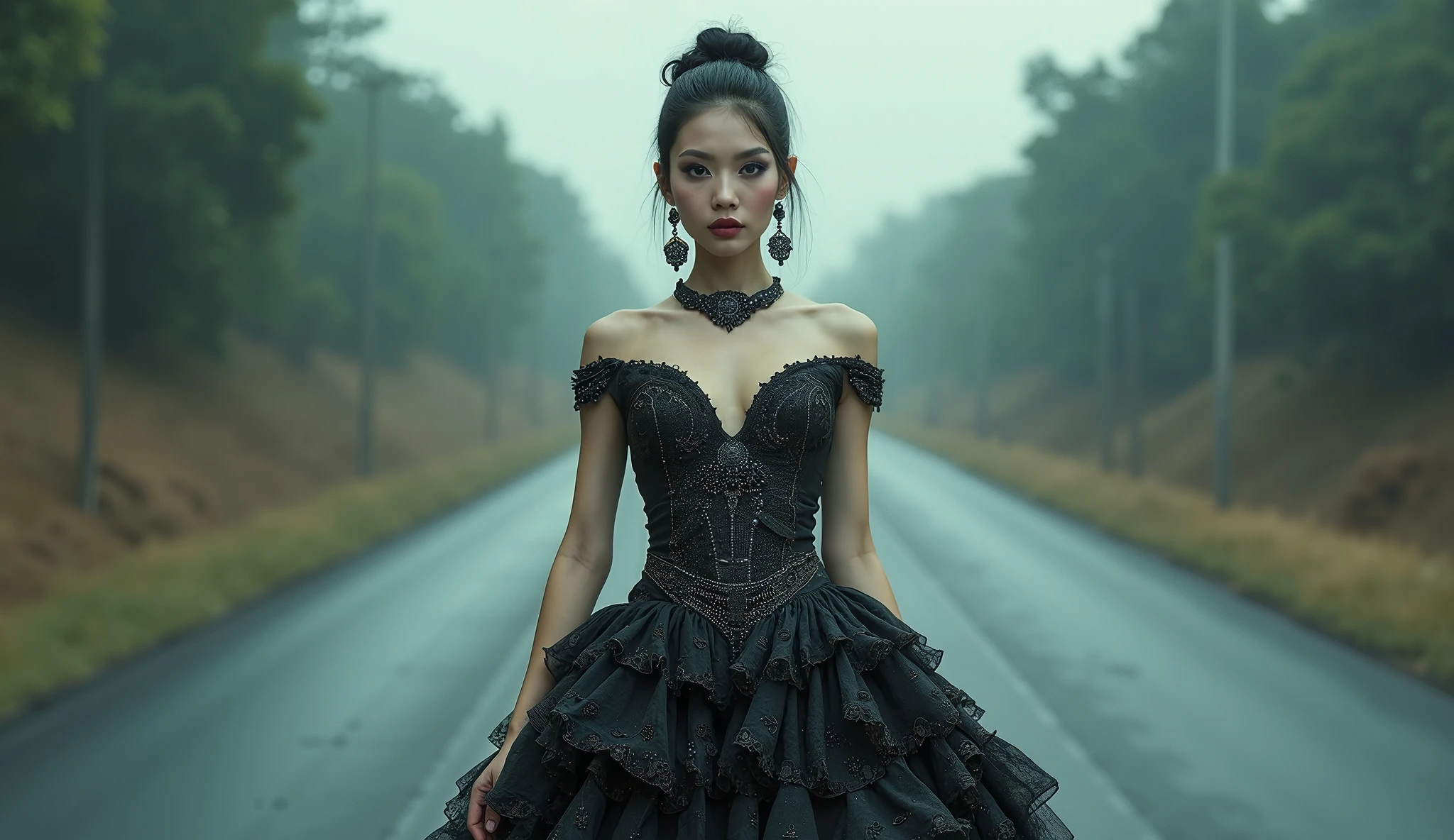(Ultra HDR) (cinematic effect) Photo of an asian woman with long hair flowing in the wind, wearing a black batik patterned costume, a V-cut strapless corset style batik dress made of carbon patterned satin, a very narrow and stiff V-cut waist decorated with blue jewels, a luxurious long skirt, looks beautiful and stunning, very realistic and detailed, with a royal palace in the background, sitting on a swing, behind it is a black classic car. hyper realistic, hyper detail clothing, Detailed gemstones, masterpiece, best quality:1.2),,(8k,highres,RAW photo,realistic,photo-realistic:1.3),(detailed skin texture,detailed cloth texture, beautiful detailed face:1.25),professional lighting,photon mapping,beautiful soft light,radiosity,physically-based rendering,raytracing, model shoot style, model shoot style, (extremely detailed CG unity 8k wallpaper), full shot body photo of the most beautiful artwork in the world (NSFW), (Nude), (Naked),  (pussy) (small pussy) (tight pussy) (carbon fiber corset) (veiny breast) (steampunk corset) 